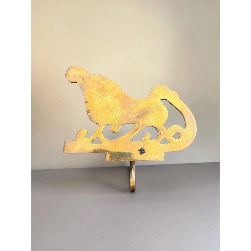 Set 4 Brass Christmas Stocking Hangers Hook SLEIGH Long Arm Vintage Heavy LG‎